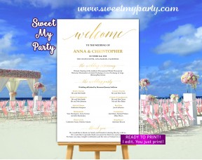 Gold Wedding Welcome Sign with program,Calligraphy Wedding welcome sign,(027w)